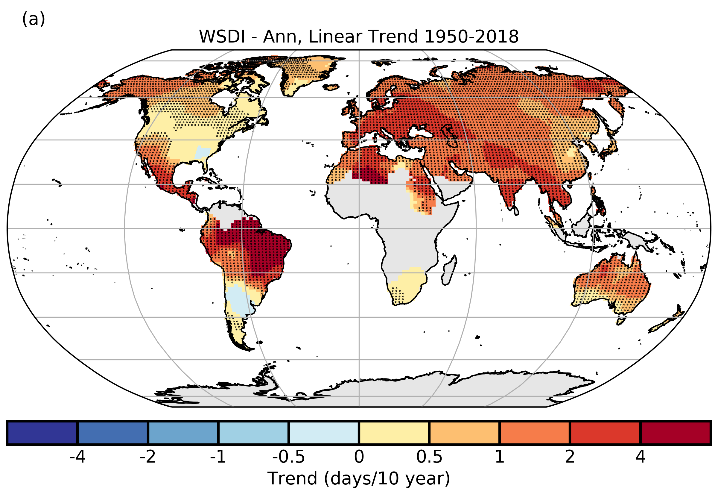 Mapa sklonu ročního počtu dnů WSDI na světové souši v HadEX3 pro období 1950 až 2018