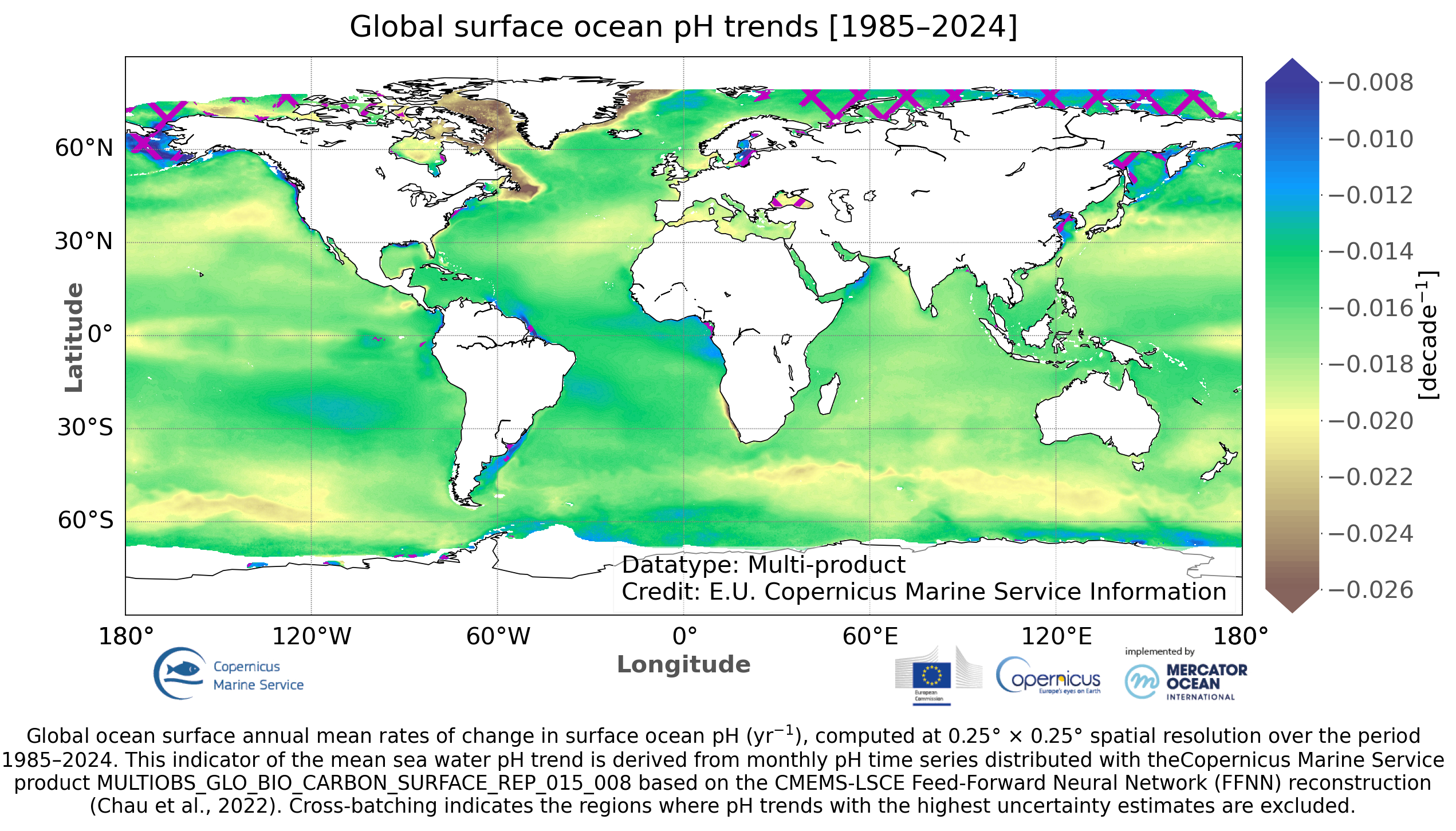 Mapa rekonstruovaných změn povrchového pH oceánu od roku 1985 do roku 2024