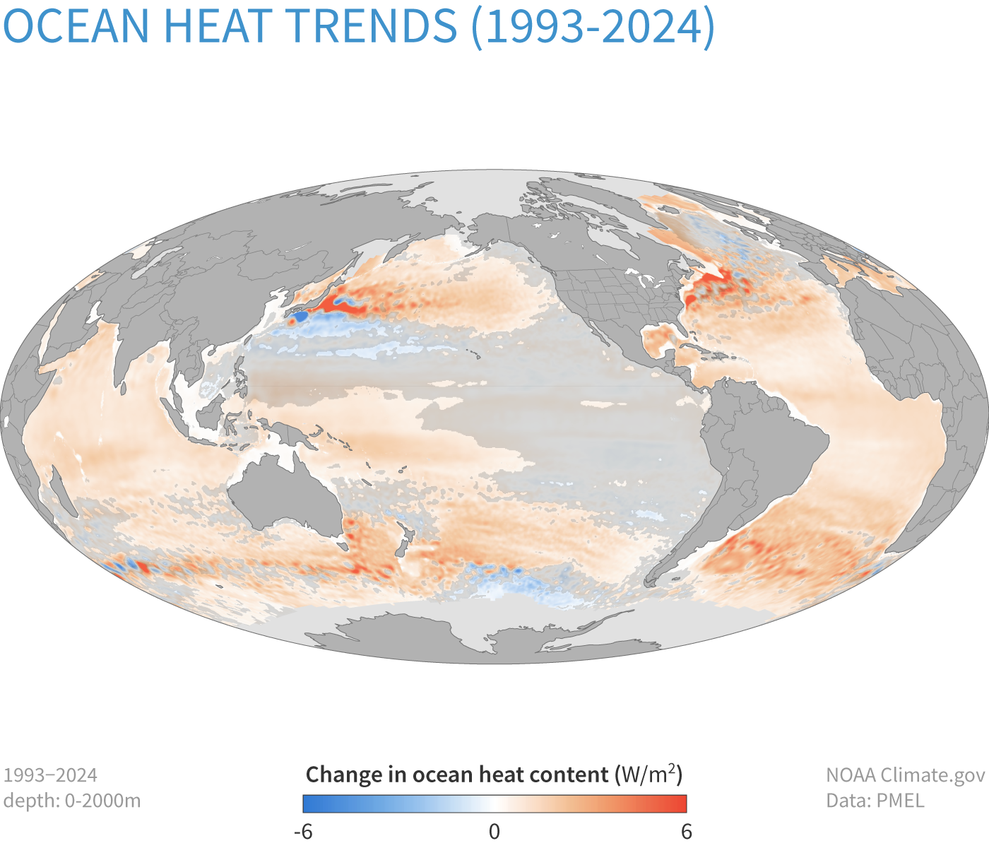 Mapa trendu obsahu tepla v oceánu od hladiny do dvou tisíc metrů v letech 1993 až 2024, s kladnými hodnotami oranžově a zápornými modře.