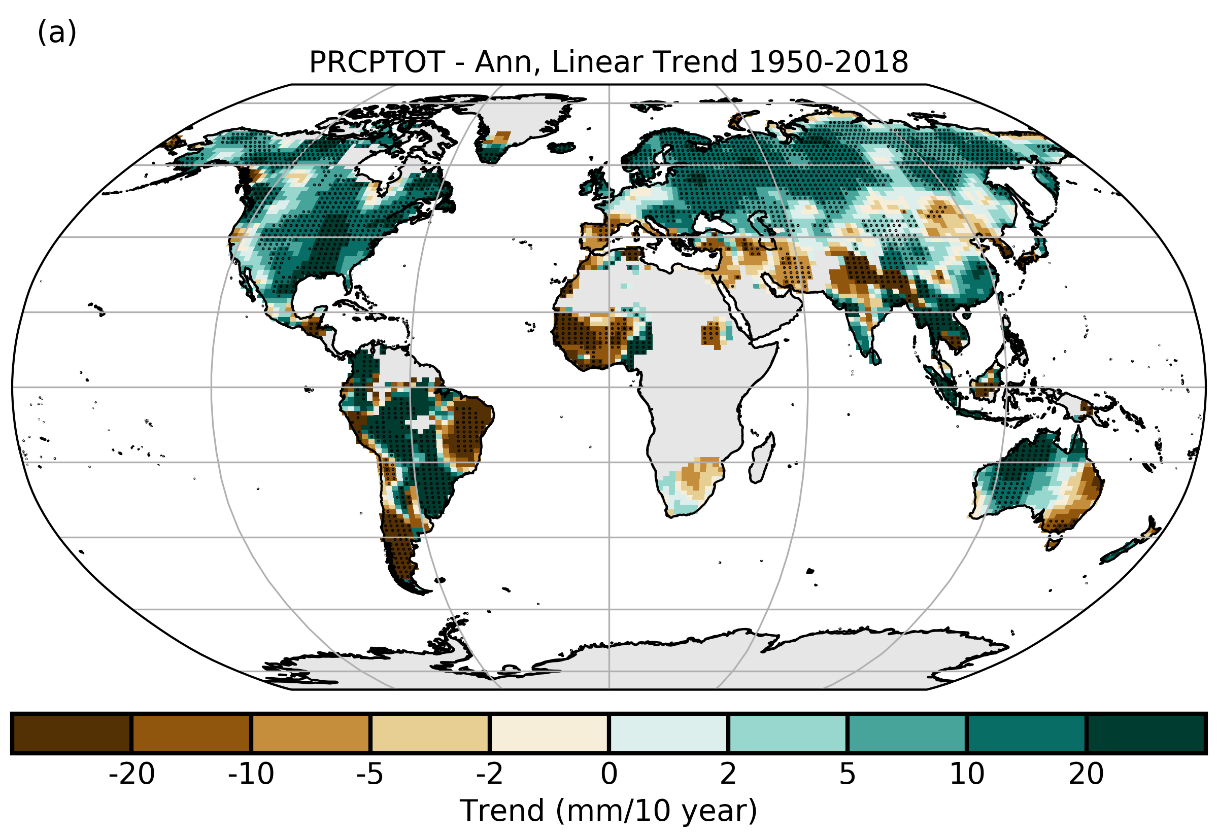 Mapa změny celkového ročního úhrnu srážek nad pevninou v letech 1950 až 2018