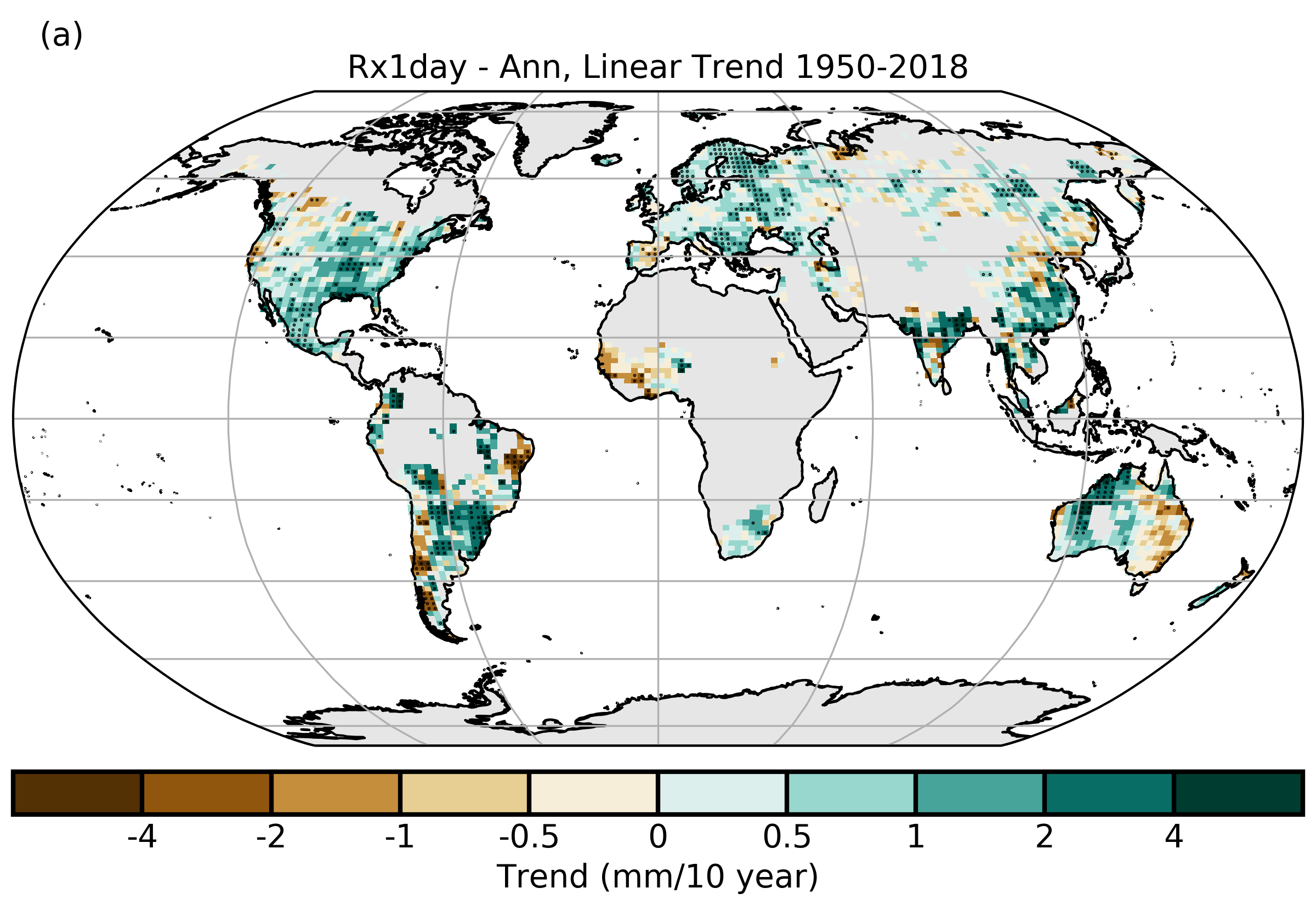 Mapa změny nejvyššího jednodenního ročního úhrnu v letech 1950 až 2018