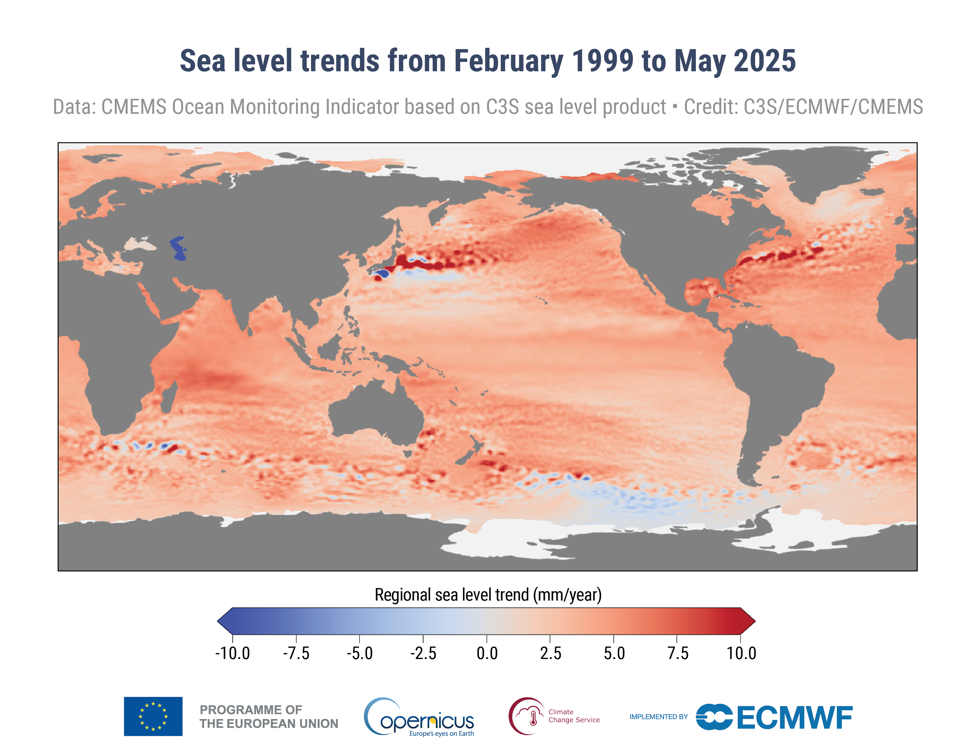 Mapa regionálních změn hladiny oceánu od února 1999 do května 2025